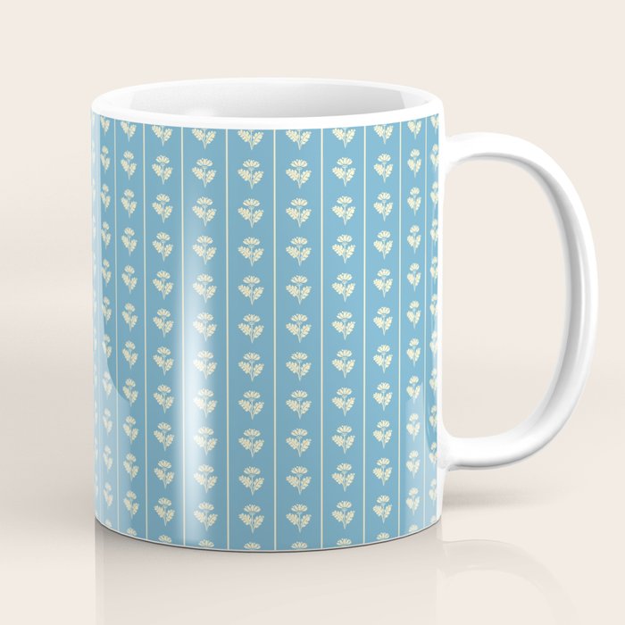 Cozy Vintage Cottage Flowers and Stripes Pattern in Eclectic Blue and Cream Coffee Mug Gallery Image 1