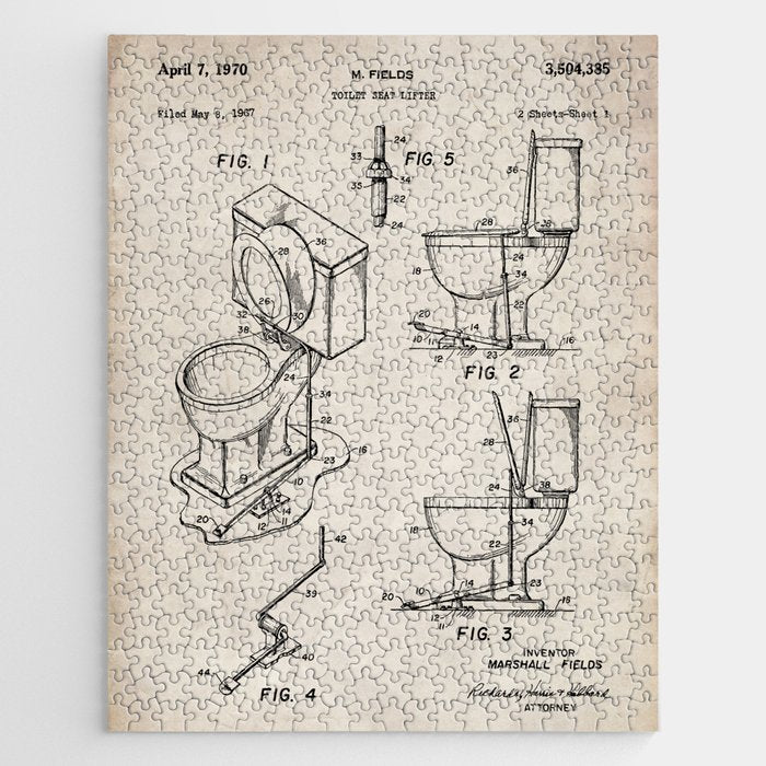 Toilet Seat Patent - Housewarming Bathroom Art - Antique Jigsaw Puzzle