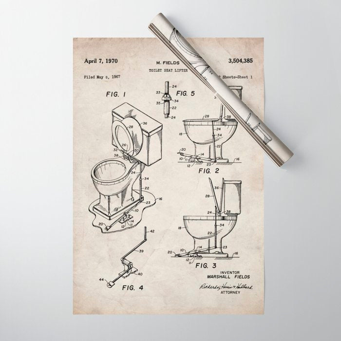 Toilet Seat Patent - Housewarming Bathroom Art - Antique Wrapping Paper Gallery Image 1