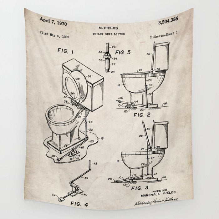 Toilet Seat Patent - Housewarming Bathroom Art - Antique Wall Tapestry Gallery Image 1