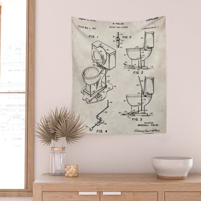 Toilet Seat Patent - Housewarming Bathroom Art - Antique Wall Tapestry Gallery Image 2