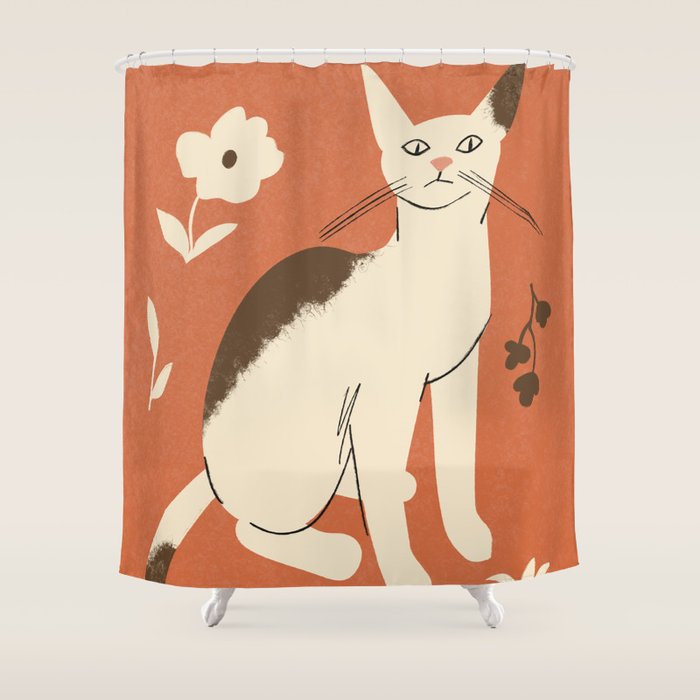 Cute white cat with a flower on a red background Shower Curtain Gallery Image 1