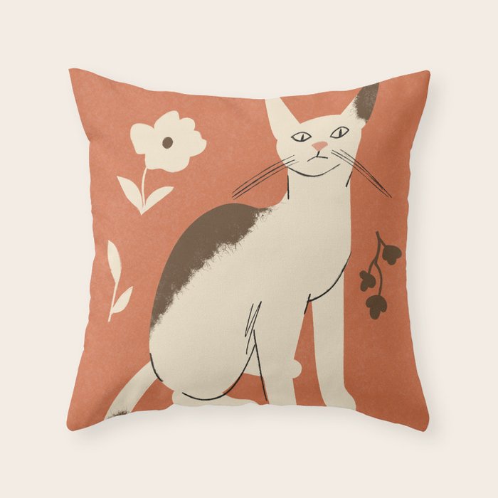 Cute white cat with a flower on a red background Throw Pillow Gallery Image 6