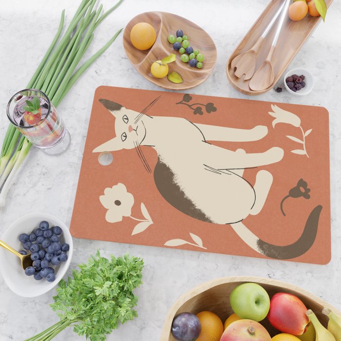 Cute white cat with a flower on a red background Cutting Board Gallery Image 2