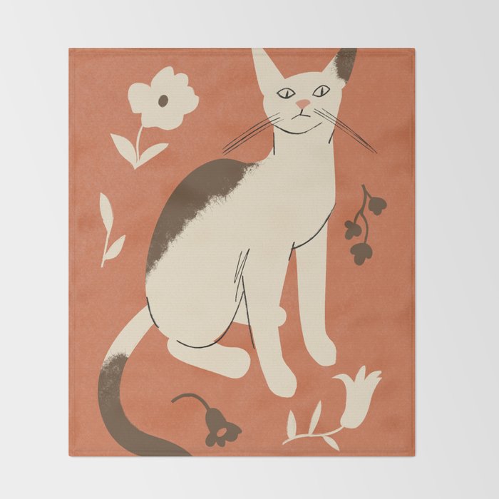 Cute white cat with a flower on a red background Throw Blanket Gallery Image 2