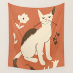Cute white cat with a flower on a red background Wall Tapestry Gallery Image 4