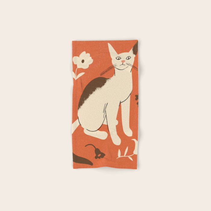 Cute white cat with a flower on a red background Bath Towel Gallery Image 1