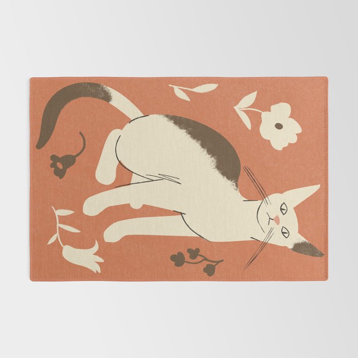Cute white cat with a flower on a red background Rug Gallery Image 2