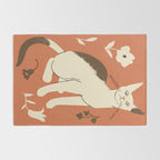 Cute white cat with a flower on a red background Rug Gallery Image 2
