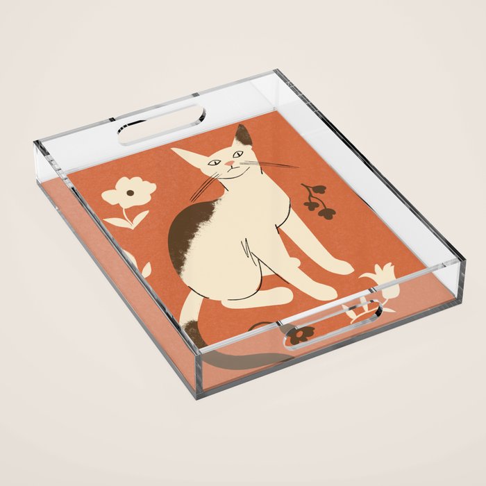 Cute white cat with a flower on a red background Acrylic Tray Gallery Image 1