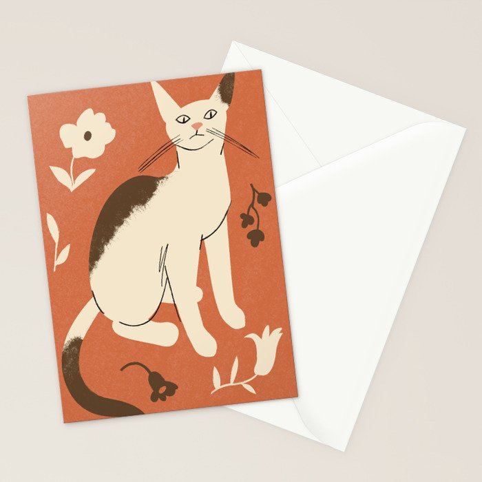 Cute white cat with a flower on a red background Stationery Card Gallery Image 2