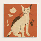 Cute white cat with a flower on a red background Wood Wall Art Gallery Image 1