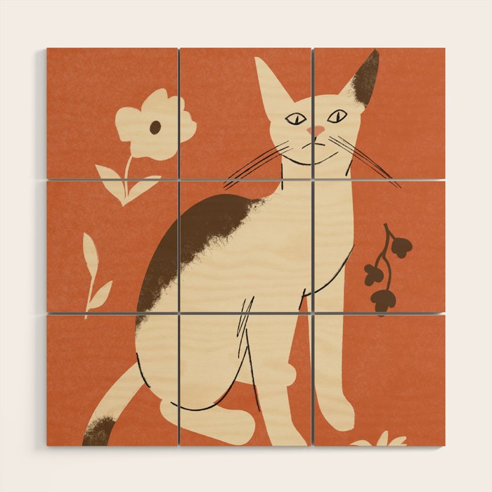 Cute white cat with a flower on a red background Wood Wall Art Gallery Image 1