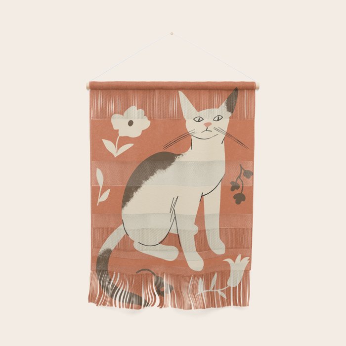 Cute white cat with a flower on a red background Wall Hanging Gallery Image 1
