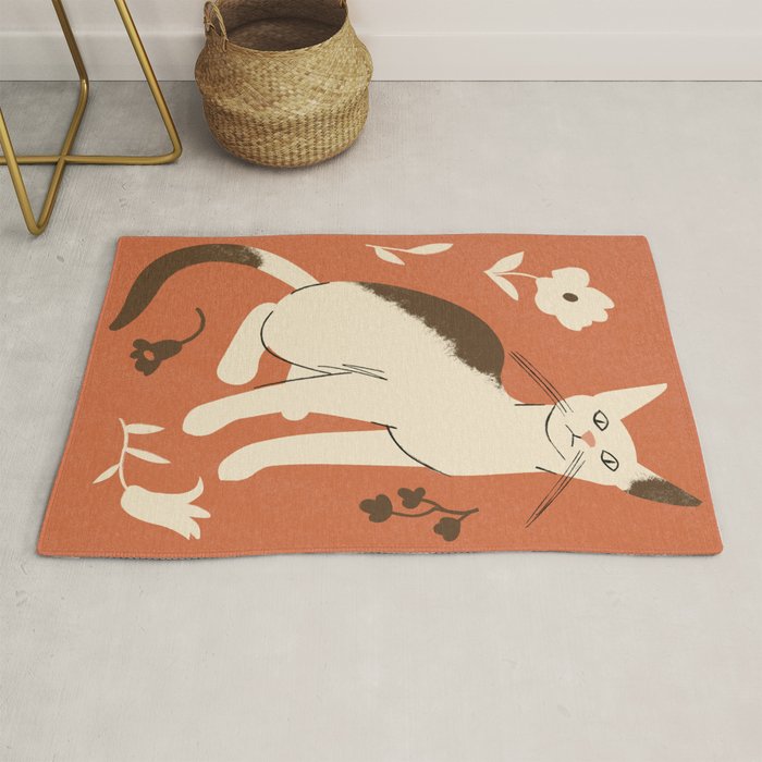 Cute white cat with a flower on a red background Rug Gallery Image 1