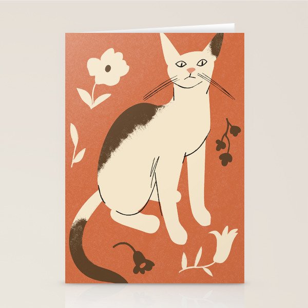 Cute white cat with a flower on a red background Stationery Card Gallery Image 2