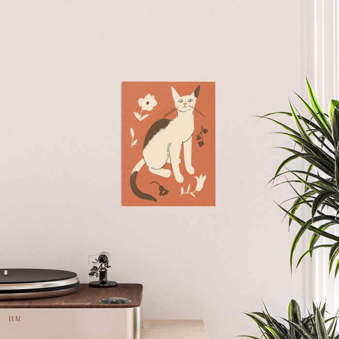 Cute white cat with a flower on a red background Poster Gallery Image 2