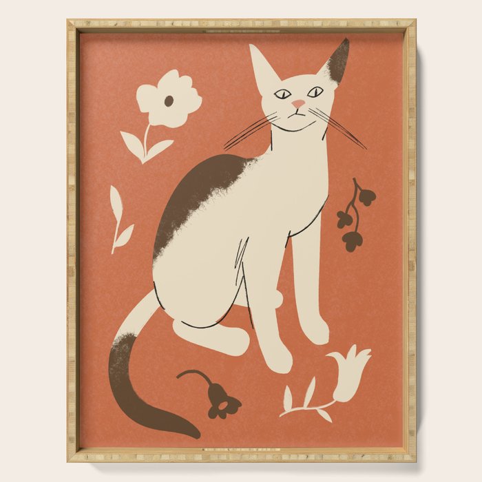 Cute white cat with a flower on a red background Serving Tray Gallery Image 1