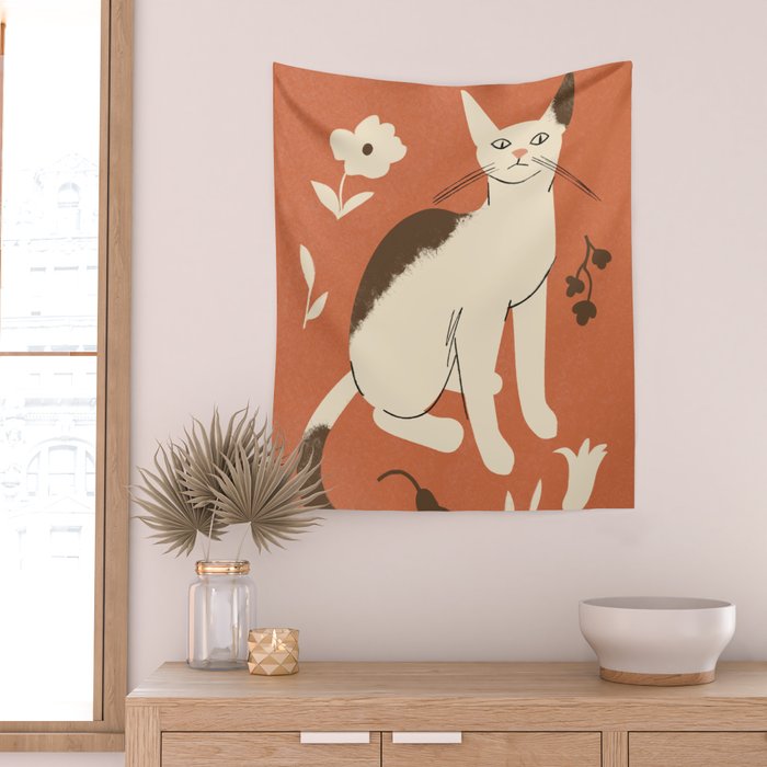 Cute white cat with a flower on a red background Wall Tapestry Gallery Image 2