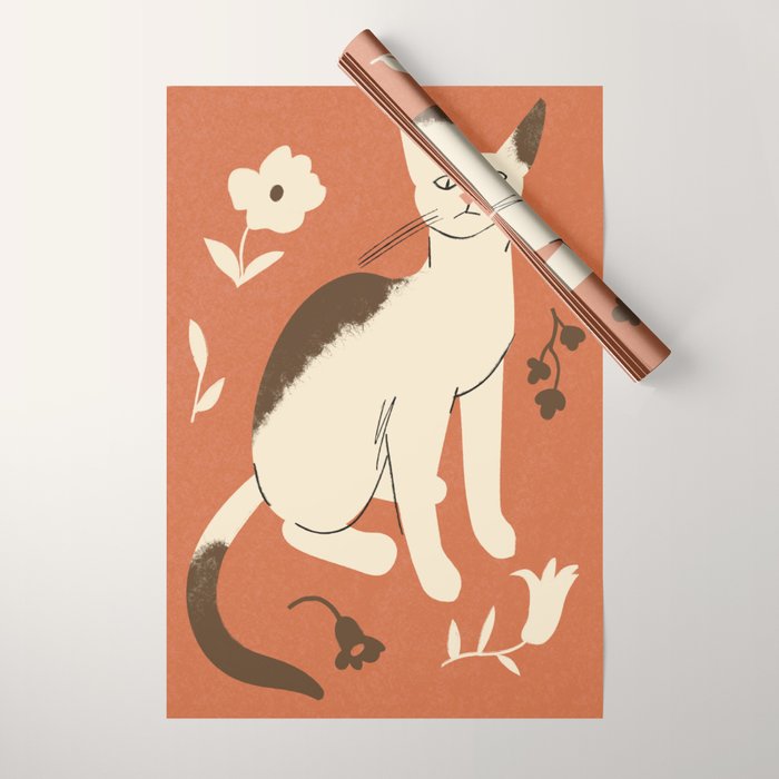 Cute white cat with a flower on a red background Wrapping Paper Gallery Image 1