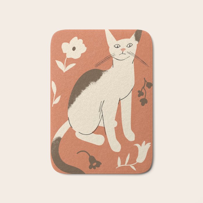 Cute white cat with a flower on a red background Bath Mat Gallery Image 1