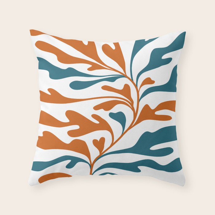 Modern Leaf Abstract Orange and Teal Throw Pillow Gallery Image 1