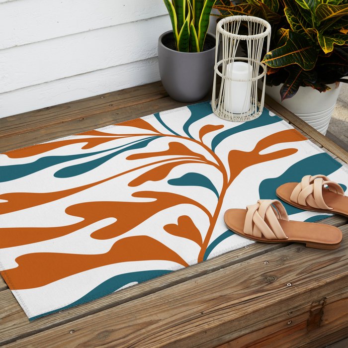 Modern Leaf Abstract Orange and Teal Outdoor Rug Gallery Image 2