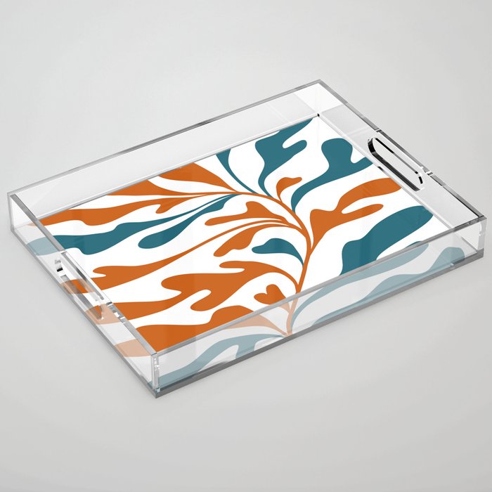Modern Leaf Abstract Orange and Teal Acrylic Tray Gallery Image 1