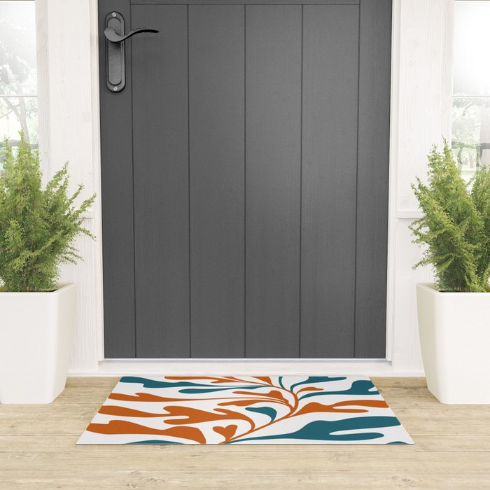 Modern Leaf Abstract Orange and Teal Welcome Mat Gallery Image 3