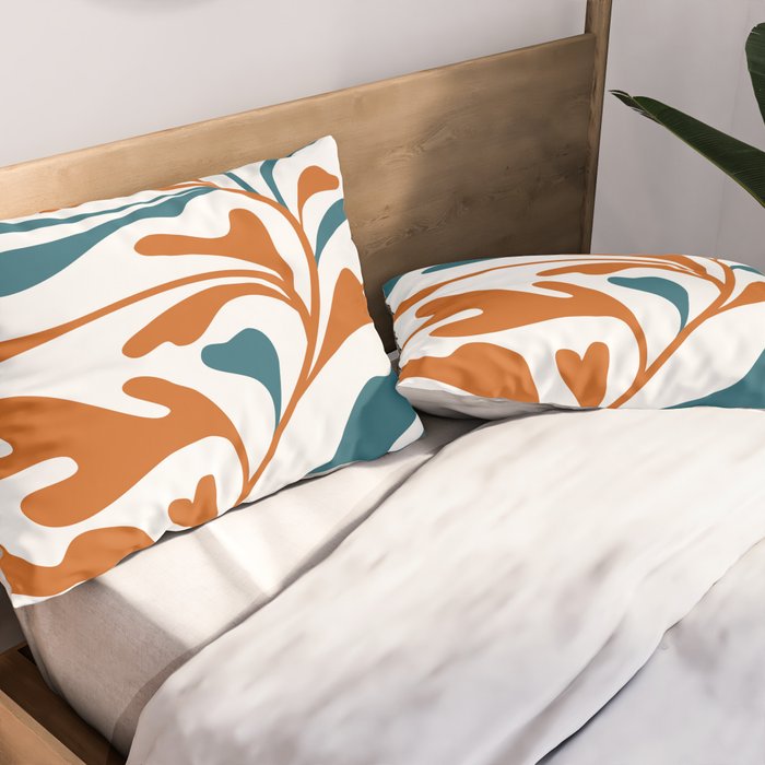 Modern Leaf Abstract Orange and Teal Pillow Sham Gallery Image 2
