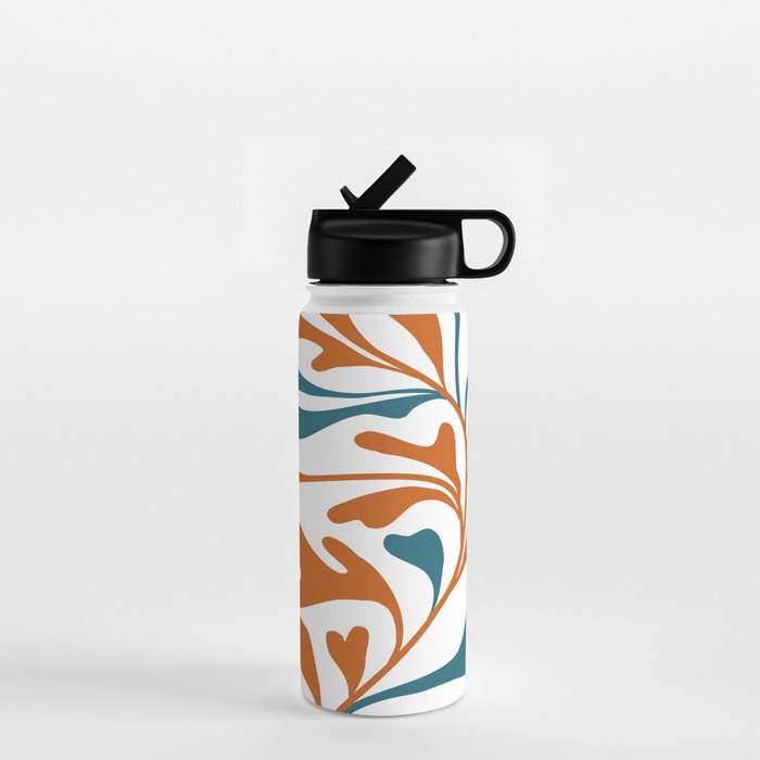 Modern Leaf Abstract Orange and Teal Water Bottle Gallery Image 1