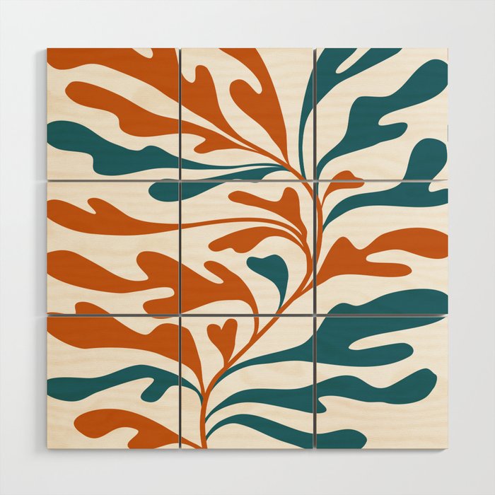 Modern Leaf Abstract Orange and Teal Wood Wall Art Gallery Image 1