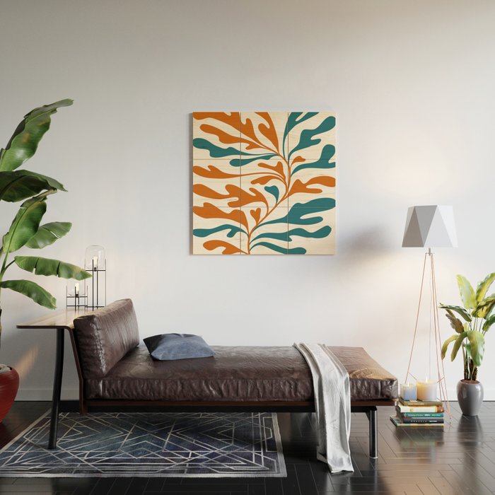 Modern Leaf Abstract Orange and Teal Wood Wall Art Gallery Image 2