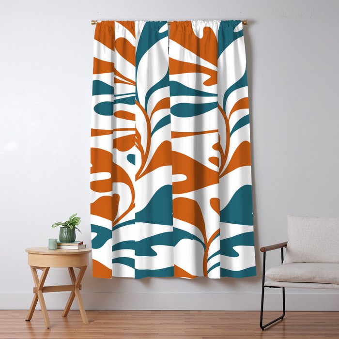 Modern Leaf Abstract Orange and Teal Window Curtain Gallery Image 5