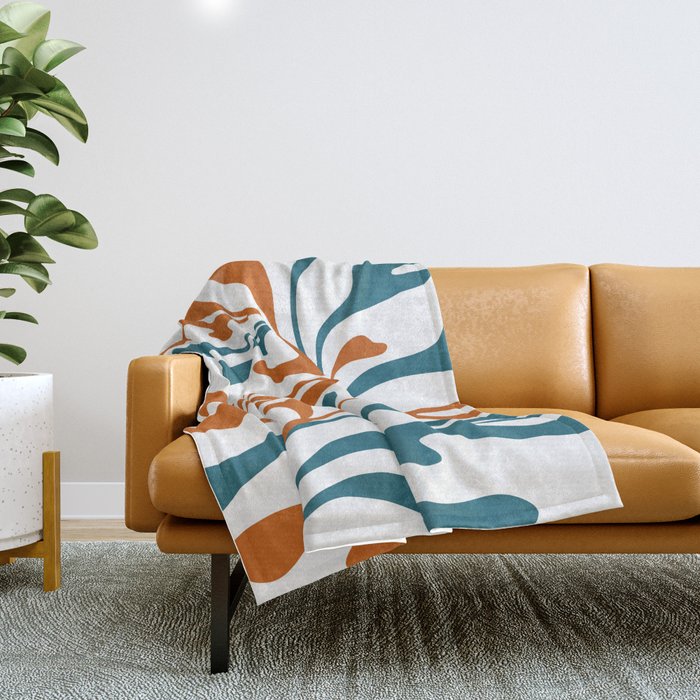 Modern Leaf Abstract Orange and Teal Throw Blanket Gallery Image 1