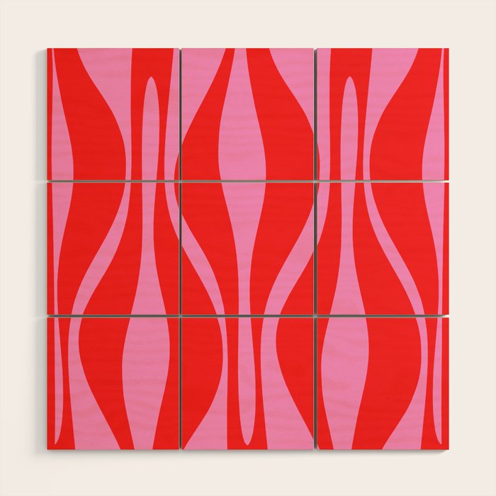 Mid Century Modern Retro Lounge Ogee Pattern in Preppy Pink and Red Wood Wall Art Gallery Image 1