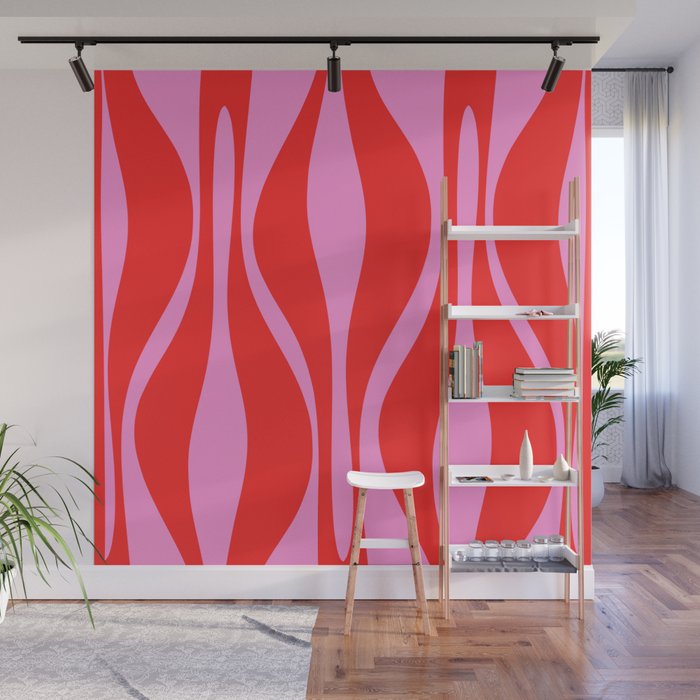 Mid Century Modern Retro Lounge Ogee Pattern in Preppy Pink and Red Wall Mural Gallery Image 1