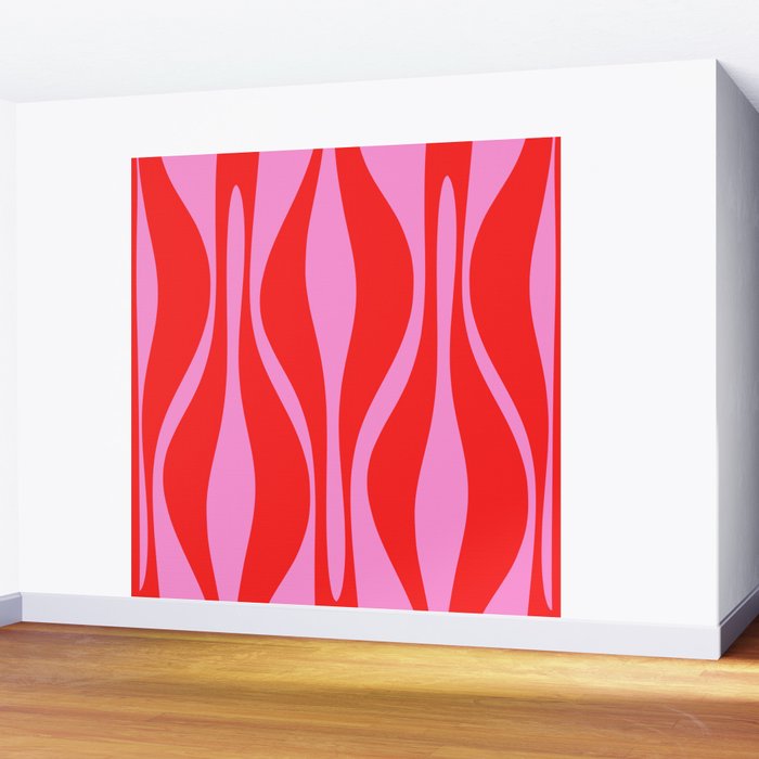 Mid Century Modern Retro Lounge Ogee Pattern in Preppy Pink and Red Wall Mural Gallery Image 2
