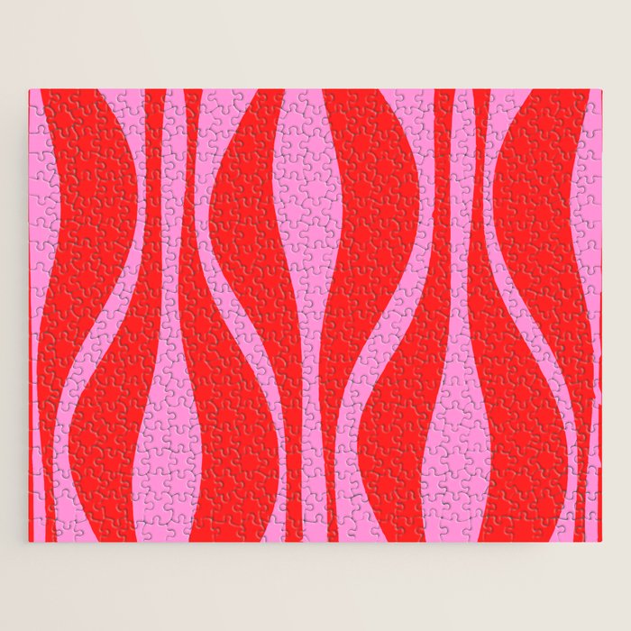 Mid Century Modern Retro Lounge Ogee Pattern in Preppy Pink and Red Jigsaw Puzzle Gallery Image 1