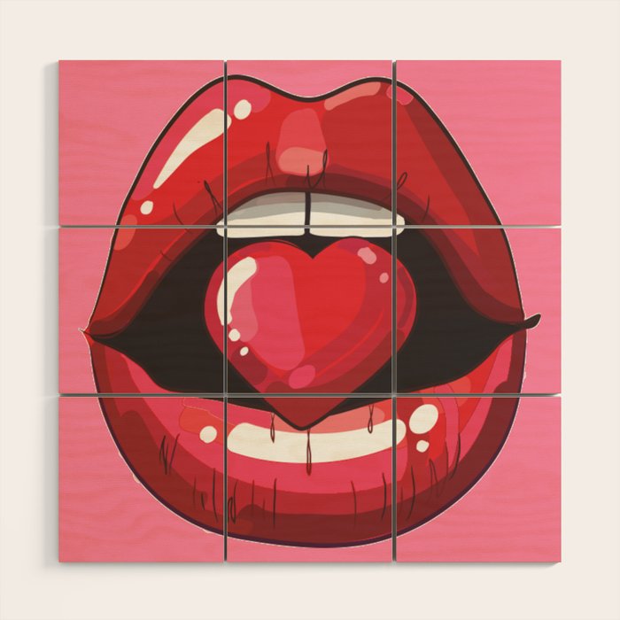 Red Lips with Heart Wood Wall Art