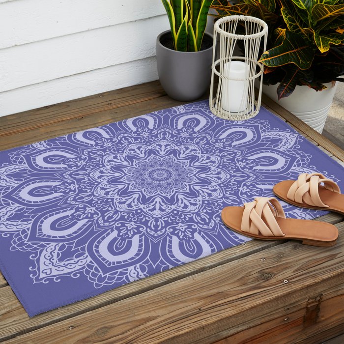 Elegant Periwinkle Purple Blue Boho Mandala Outdoor Rug Gallery Image 2