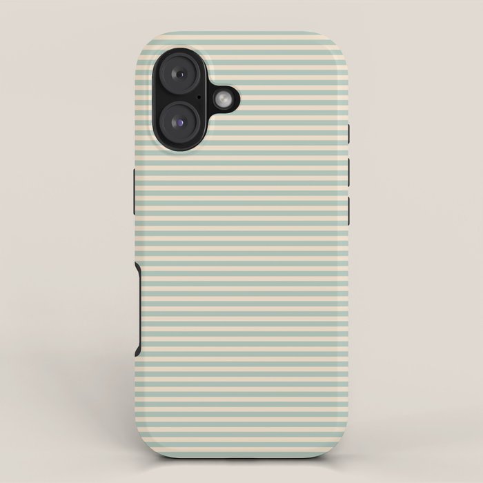 Ultra Fine Stripes Light Celadon Blue Green and Cream Horizontal Pattern iPhone Case Gallery Image 1