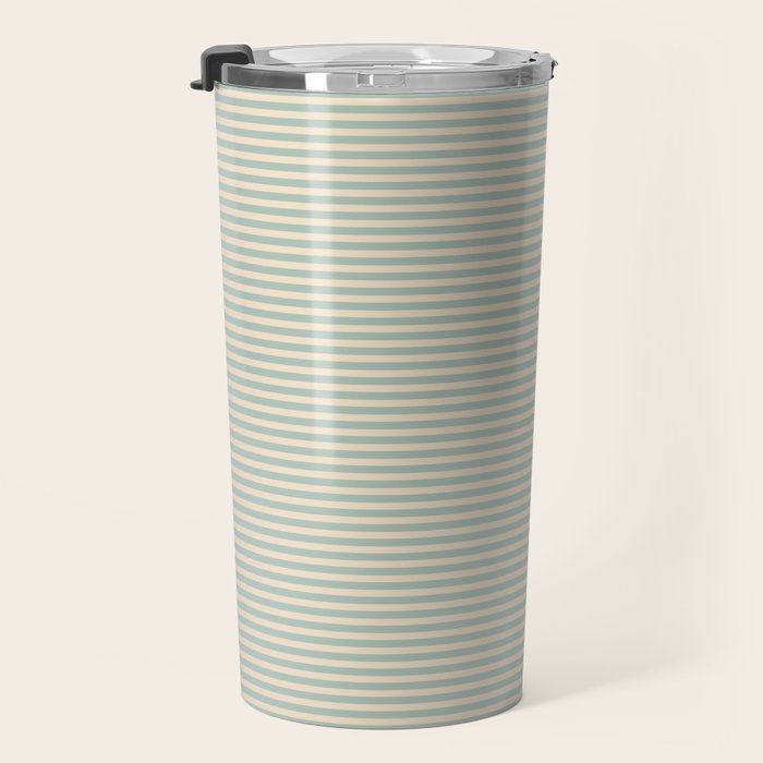 Ultra Fine Stripes Light Celadon Blue Green and Cream Horizontal Pattern Travel Mug Gallery Image 3