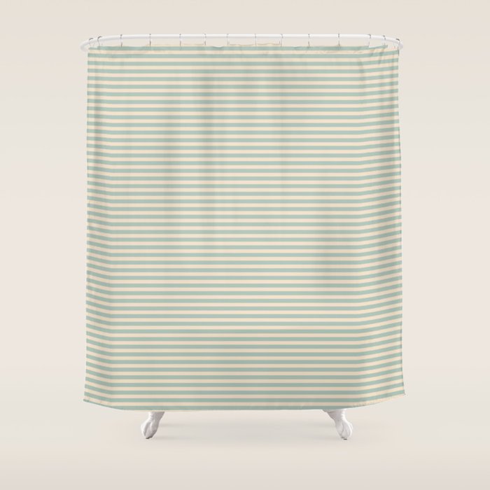 Ultra Fine Stripes Light Celadon Blue Green and Cream Horizontal Pattern Shower Curtain Gallery Image 1