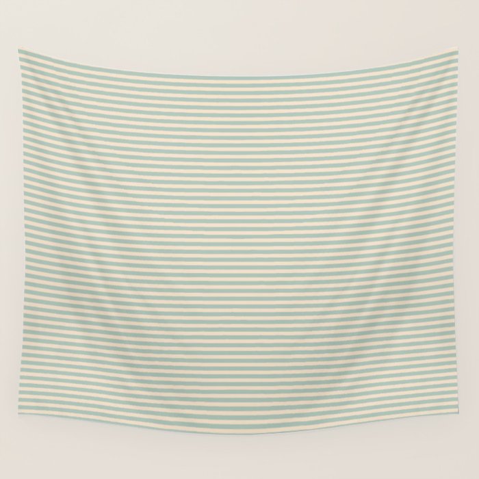 Ultra Fine Stripes Light Celadon Blue Green and Cream Horizontal Pattern Wall Tapestry Gallery Image 4