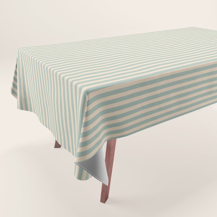 Ultra Fine Stripes Light Celadon Blue Green and Cream Horizontal Pattern Tablecloth Gallery Image 1