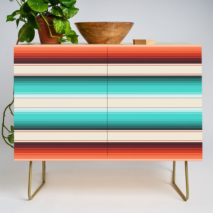 Navajo White, Turquoise and Burnt Orange Southwest Serape Blanket Stripes Credenza Gallery Image 1