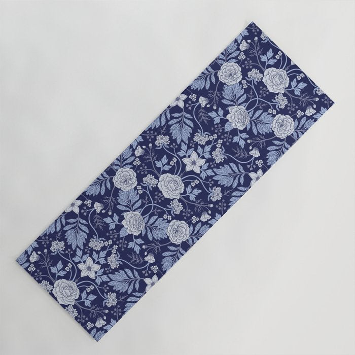 Light Blue, Cobalt Blue, & White Floral Pattern Yoga Mat Gallery Image 1