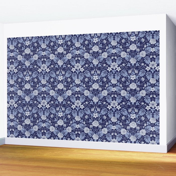 Light Blue, Cobalt Blue, & White Floral Pattern Wall Mural Gallery Image 2
