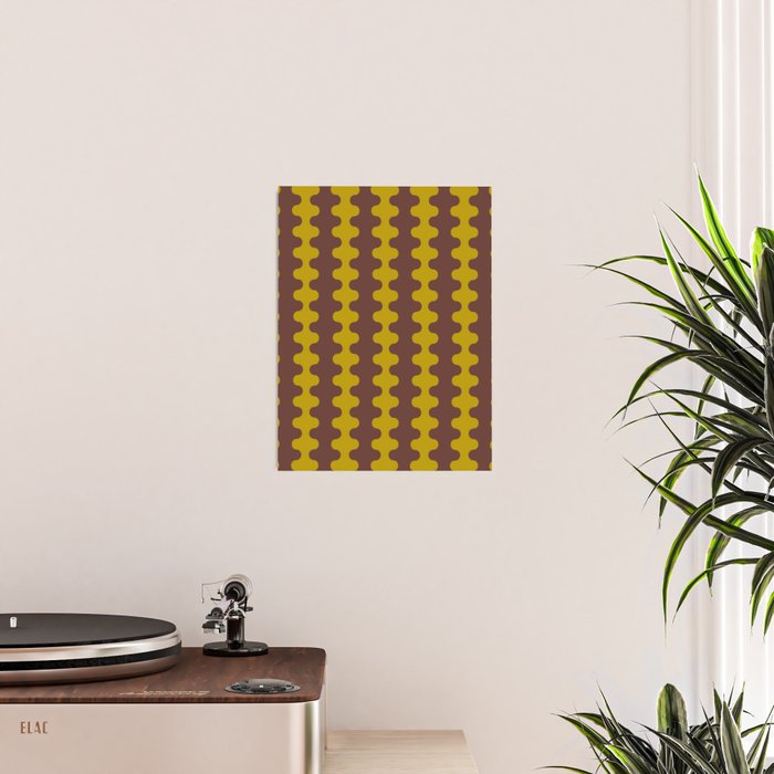 Retro Stripes Wavy Ogee A-Go-Go Vertical Pattern in Dark Brown and Chartreuse Olive Yellow Poster Gallery Image 2